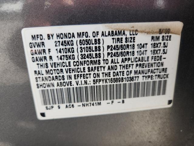 5FPYK16589B103677 - 2009 HONDA RIDGELINE RTL GRAY photo 12