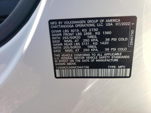 1V2KR2CA6NC564738 - 2022 VOLKSWAGEN ATLAS SE Սպիտակ լուսանկար 12