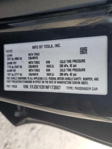 5YJ3E1EB1NF173887 - 2022 TESLA MODEL 3 BLACK photo 13