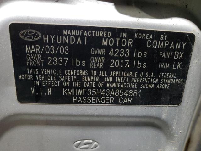 KMHWF35H43A854881 - 2003 HYUNDAI SONATA GLS SILVER photo 13