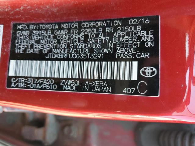 JTDKBRFU0G3513291 - 2016 TOYOTA PRIUS 红色 照片 12