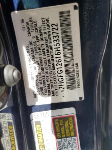 2HGFG12616H533722 - 2006 HONDA CIVIC LX ლურჯი ფოტო 12