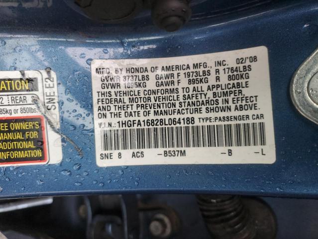 1HGFA16828L064188 - 2008 HONDA CIVIC EX BLUE photo 12