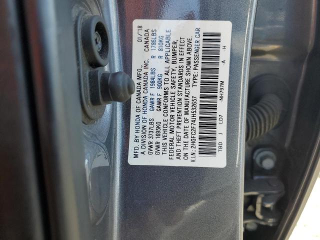 2HGFC2F74JH532657 - 2018 HONDA CIVIC EX Gris foto 12