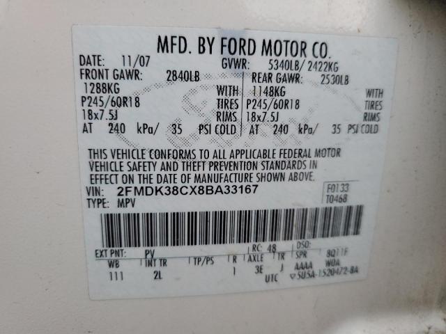 2FMDK38CX8BA33167 - 2008 FORD EDGE SEL WHITE photo 13