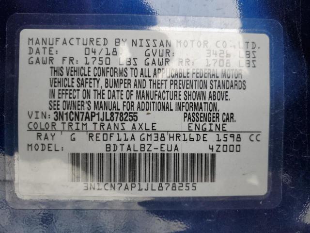 3N1CN7AP1JL878255 - 2018 NISSAN VERSA S BLUE photo 13