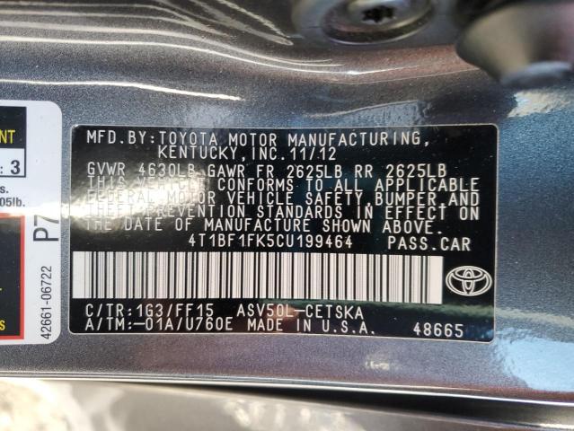 4T1BF1FK5CU199464 - 2012 TOYOTA CAMRY BASE GRAY photo 12