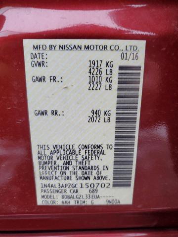 1N4AL3AP2GC150702 - 2016 NISSAN ALTIMA 2.5 RED photo 12