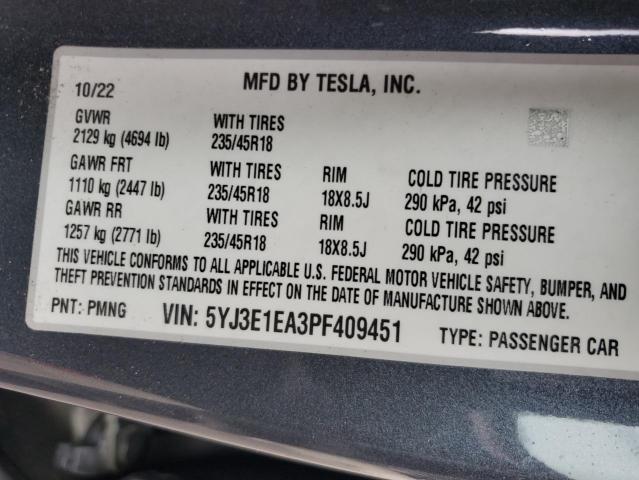 5YJ3E1EA3PF409451 - 2023 TESLA MODEL 3 石墨色 照片 12