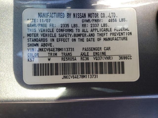 JNKCV64E78M113731 - 2008 INFINITI G37 BASE GRAY photo 12