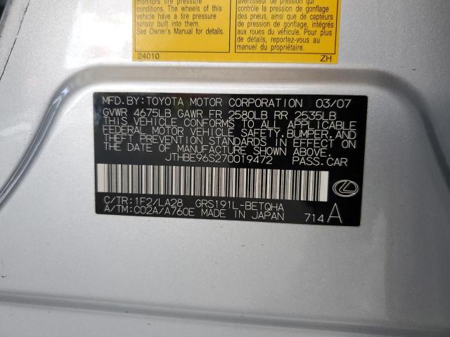JTHBE96S270019472 - 2007 LEXUS GS 350 SILVER photo 12