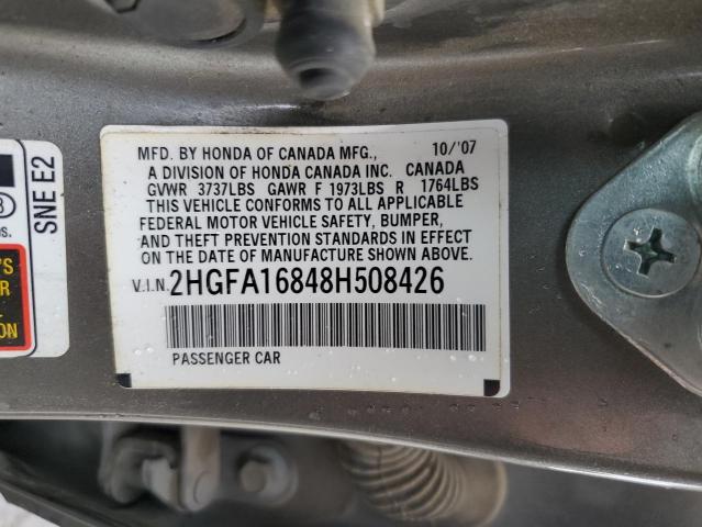 2HGFA16848H508426 - 2008 HONDA CIVIC EX GRAY photo 12