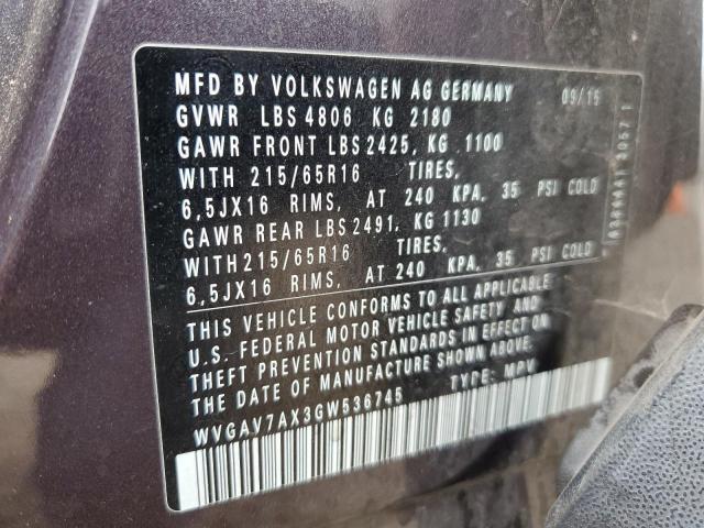 WVGAV7AX3GW536745 - 2016 VOLKSWAGEN TIGUAN S ნაცრისფერი ფოტო 12