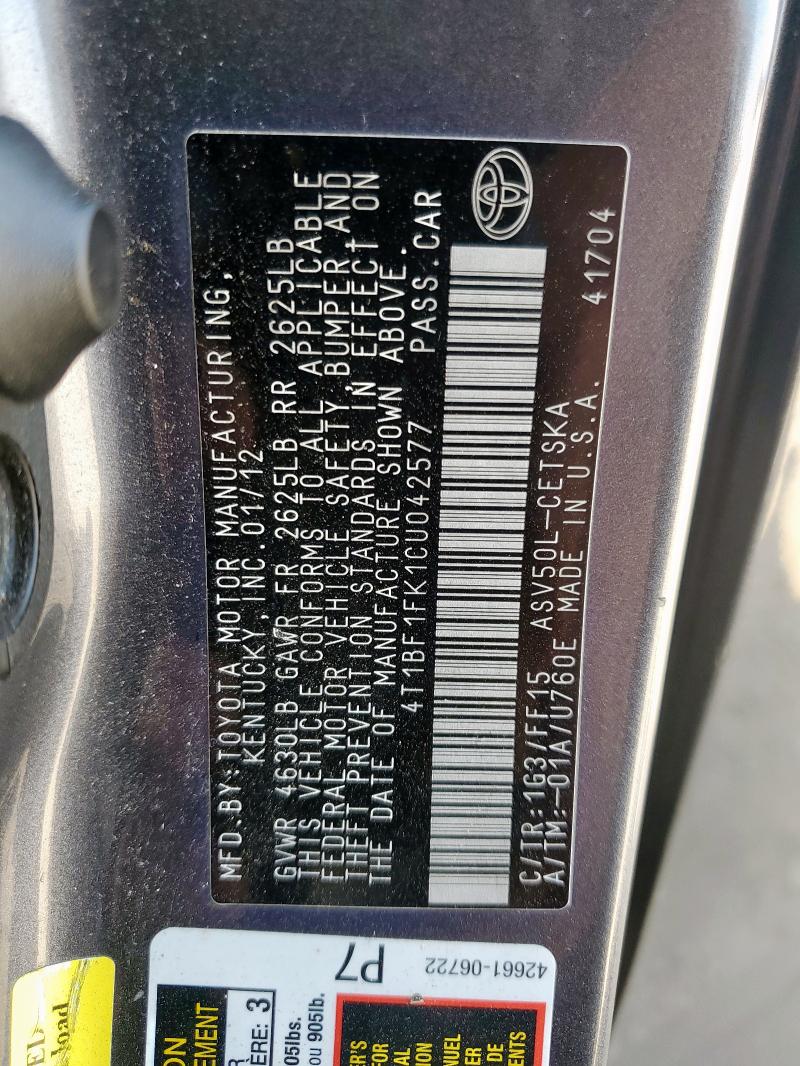 4T1BF1FK1CU042577 - 2012 TOYOTA CAMRY BASE 灰色 照片 13