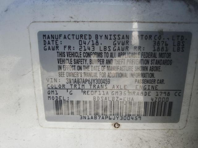 3N1AB7AP6JY300459 - 2018 NISSAN SENTRA S 白色 照片 12