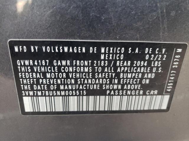 3VW7M7BU5NM005515 - 2022 VOLKSWAGEN JETTA SE GRAY photo 12