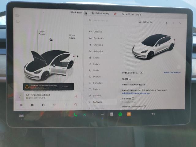 5YJ3E1EA4PF402721 - 2023 TESLA MODEL 3 Weiß Foto 9