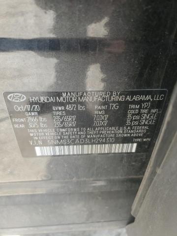 5NMS3CAD3LH294310 - 2020 HYUNDAI SANTA FE SEL Սև լուսանկար 13