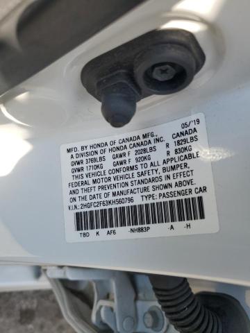 2HGFC2F63KH560796 - 2019 HONDA CIVIC LX WHITE photo 12