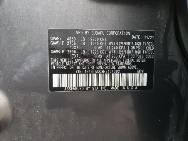 4S4BTACC9N3164392 - 2022 SUBARU OUTBACK PREMIUM GRAY photo 14