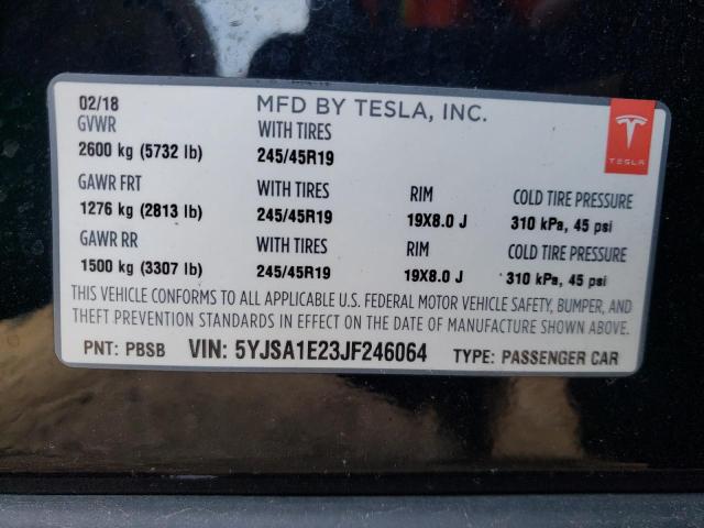 5YJSA1E23JF246064 - 2018 TESLA MODEL S შავი ფოტო 12