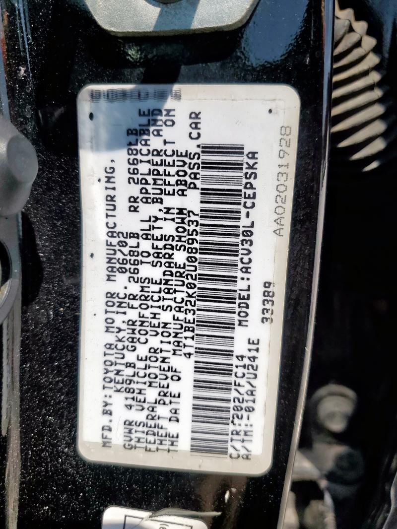 4T1BE32K02U089537 - 2002 TOYOTA CAMRY LE BLACK photo 12