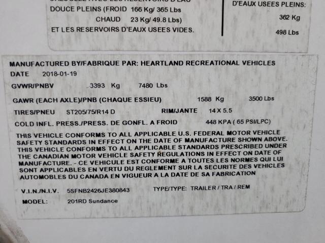 5SFNB2426JE380843 - 2018 HEARTLAND SUNDANCE 白色 照片 10