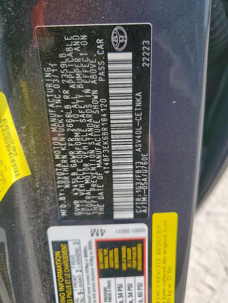 4T4BF3EK6BR184120 - 2011 TOYOTA CAMRY BASE GRAY photo 12