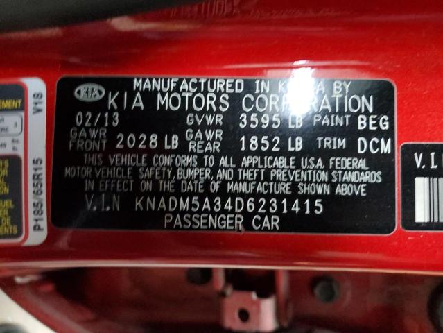 KNADM5A34D6231415 - 2013 KIA RIO LX RED photo 12