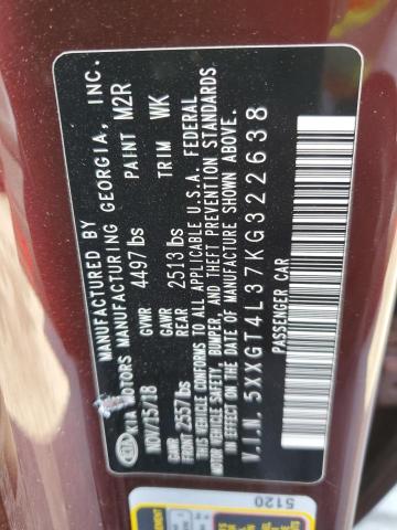 5XXGT4L37KG322638 - 2019 KIA OPTIMA LX მუქწითელი ფოტო 12