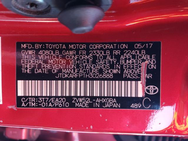 JTDKARFP1H3026888 - 2017 TOYOTA PRIUS PRIM 红色 照片 12