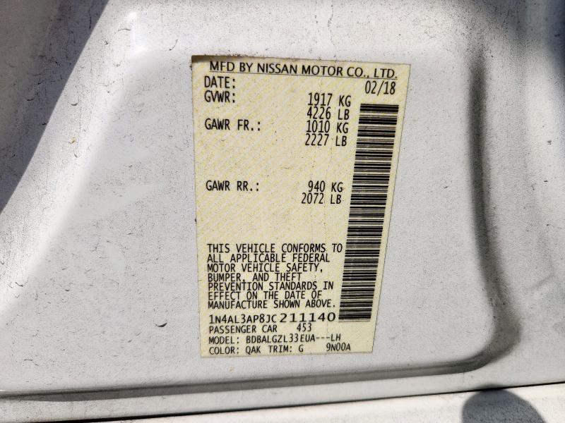 1N4AL3AP8JC211140 - 2018 NISSAN ALTIMA 2.5 白色 照片 12