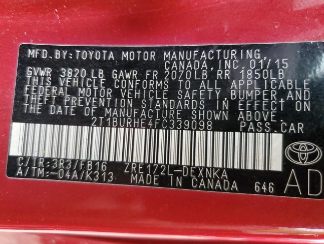 2T1BURHE4FC339098 - 2015 TOYOTA COROLLA L RED photo 13