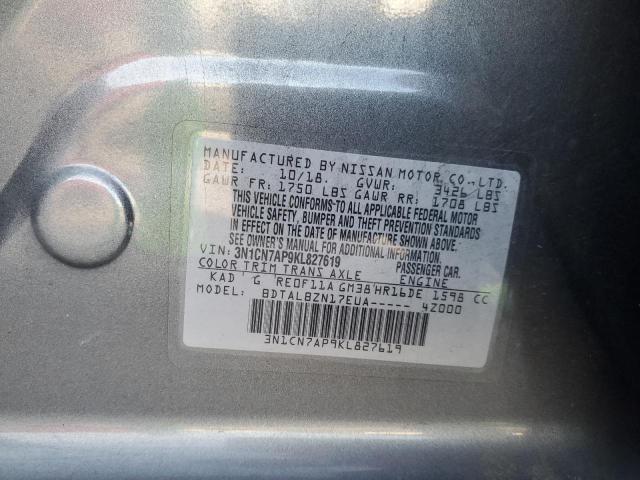 3N1CN7AP9KL827619 - 2019 NISSAN VERSA S GRAY photo 12