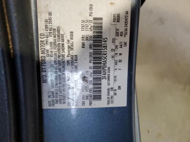 3FAHP0HA5CR158145 - 2012 FORD FUSION SE BLUE photo 12