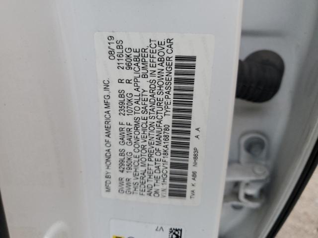 1HGCV1F18KA168780 - 2019 HONDA ACCORD LX WHITE photo 12