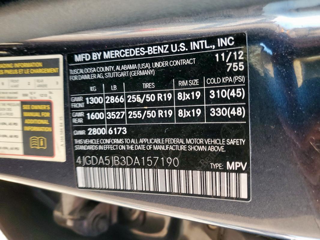 4JGDA5JB3DA157190 - 2013 MERCEDES-BENZ ML 350 黑色 照片 13