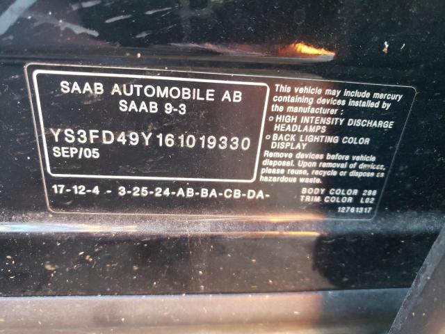 YS3FD49Y161019330 - 2006 SAAB 9-3 BLACK photo 12