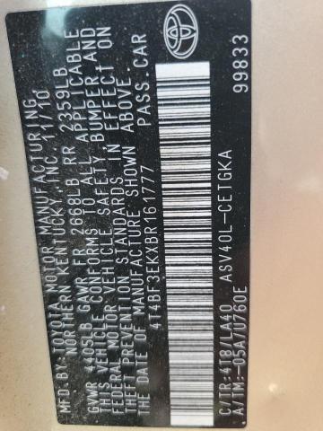 4T4BF3EKXBR161777 - 2011 TOYOTA CAMRY BASE Бежевий фото 13