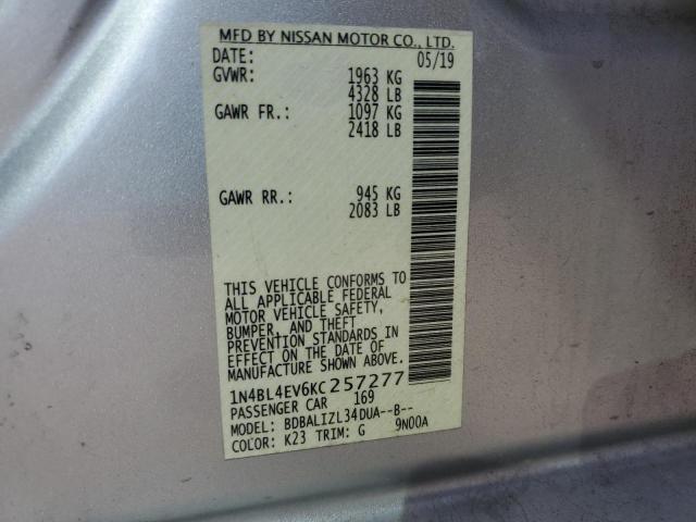 1N4BL4EV6KC257277 - 2019 NISSAN ALTIMA SL SILVER photo 12
