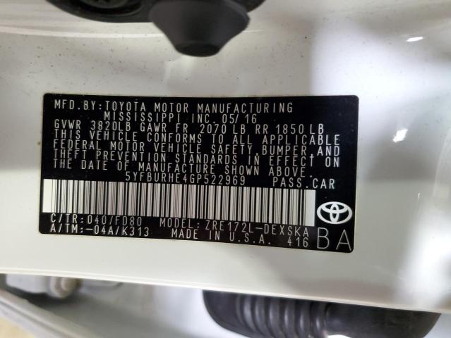 5YFBURHE4GP522969 - 2016 TOYOTA COROLLA L WHITE photo 13