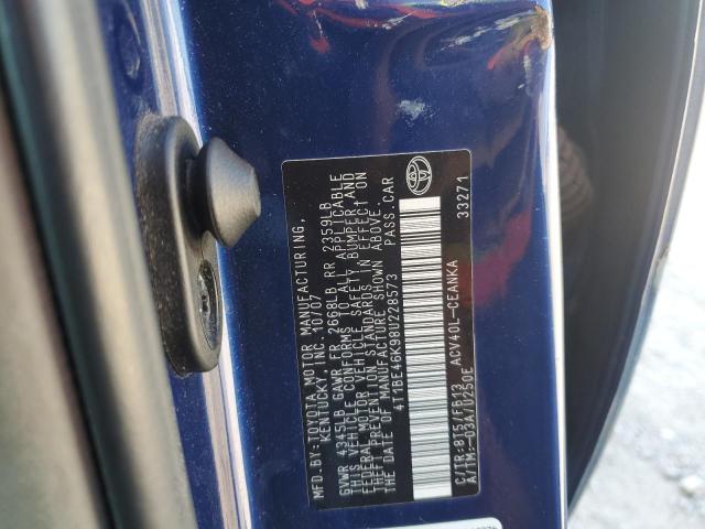 4T1BE46K98U228573 - 2008 TOYOTA CAMRY CE BLUE photo 12