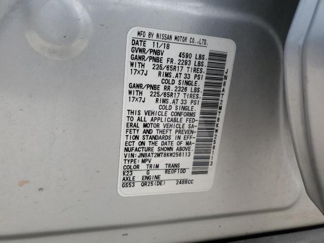 JN8AT2MT8KW256113 - 2019 NISSAN ROGUE S SILVER photo 12