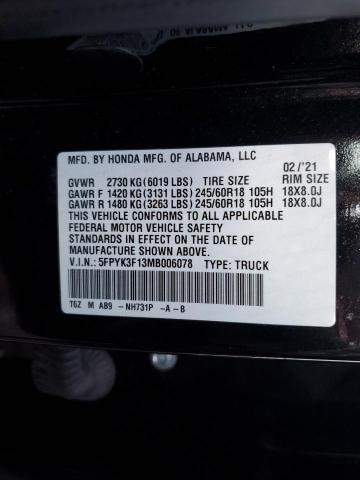 5FPYK3F13MB006078 - 2021 HONDA RIDGELINE SPORT BLACK photo 12