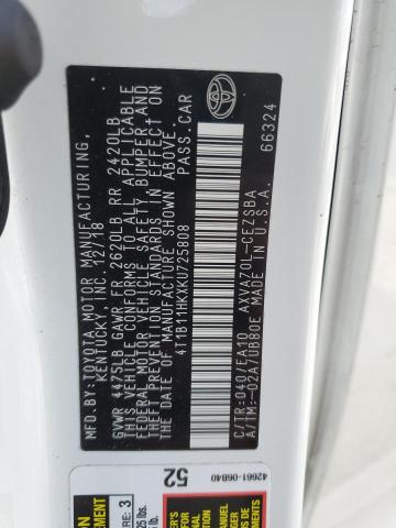 4T1B11HKXKU725808 - 2019 TOYOTA CAMRY L WHITE photo 12