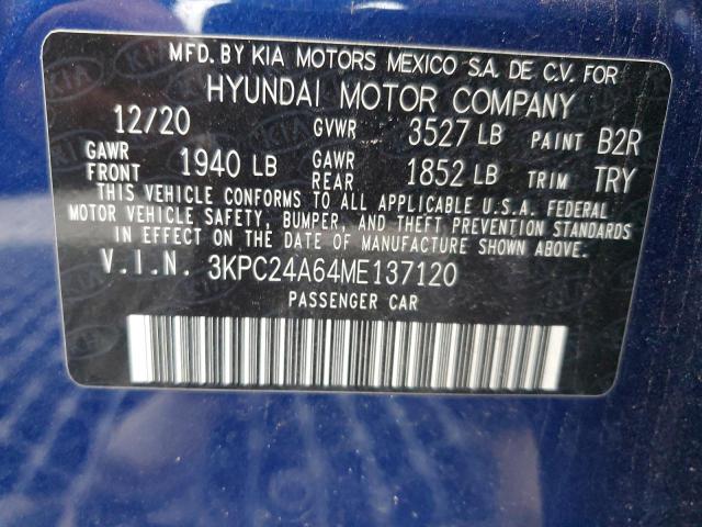 3KPC24A64ME137120 - 2021 HYUNDAI ACCENT SE BLUE photo 12