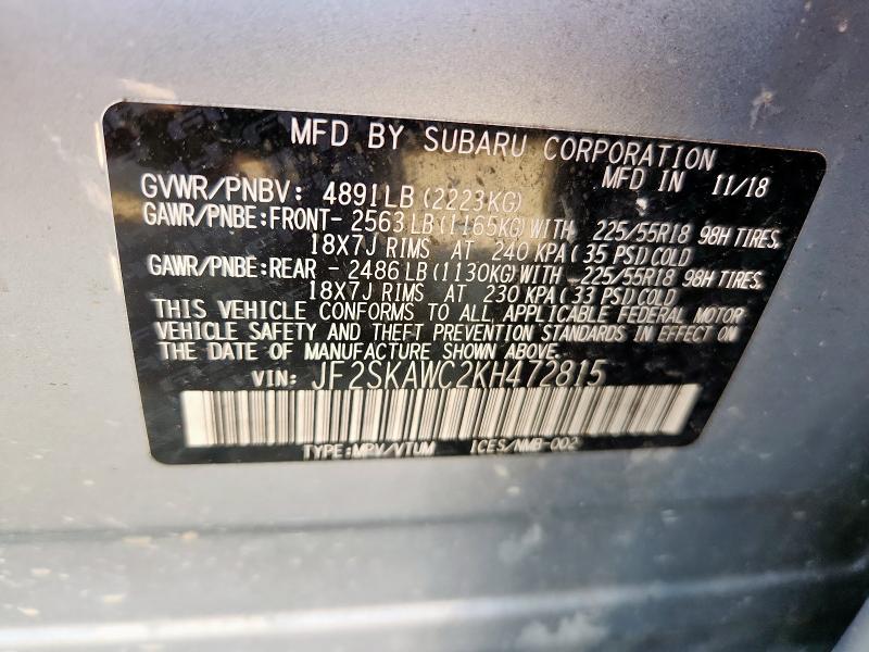 JF2SKAWC2KH472815 - 2019 SUBARU FORESTER TOURING Silber Foto 12