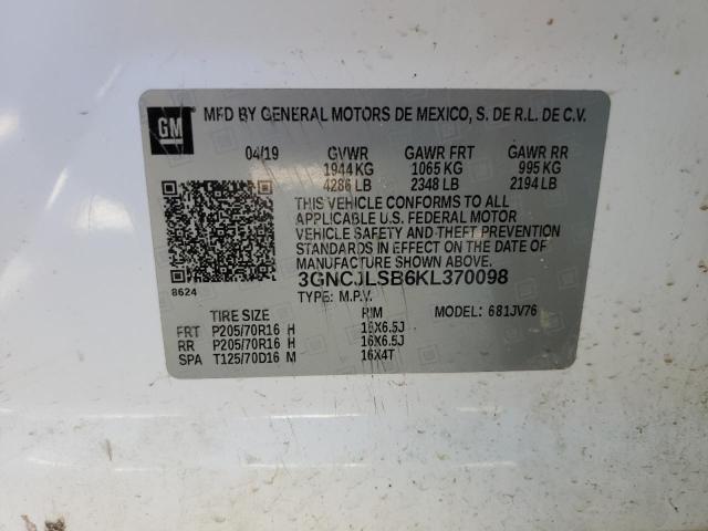 3GNCJLSB6KL370098 - 2019 CHEVROLET TRAX 1LT 白色 照片 13