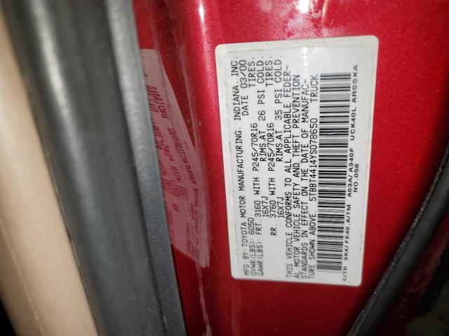 5TBBT4414YS078650 - 2000 TOYOTA TUNDRA ACCESS CAB წითელი ფოტო 12