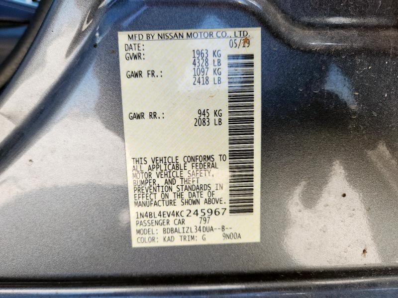 1N4BL4EV4KC245967 - 2019 NISSAN ALTIMA SL GRAY photo 12